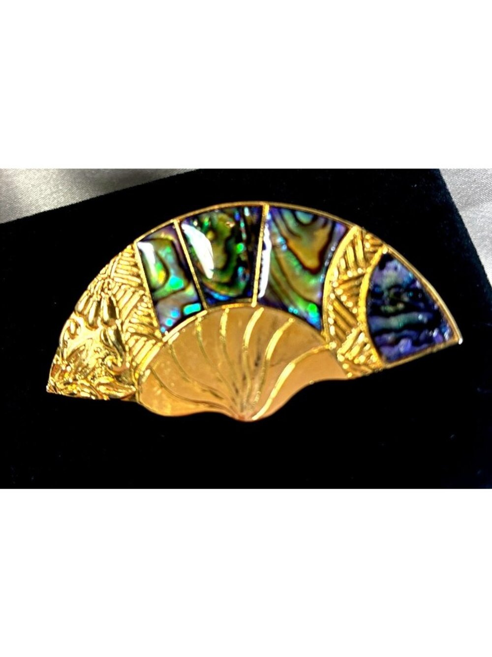 Vintage Don-Lin Abalone Shell Fan Brooch Gold Tone Signed 2.25" - Picture 1 of 9